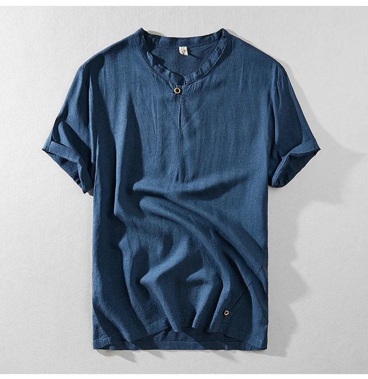 Men's linen t-shirt solid color short-sleeved t-shirt