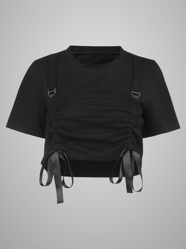 Dark Style Punk Statement Drawstring Lace-up Belt Crew Collar Short Sleeve Midriff