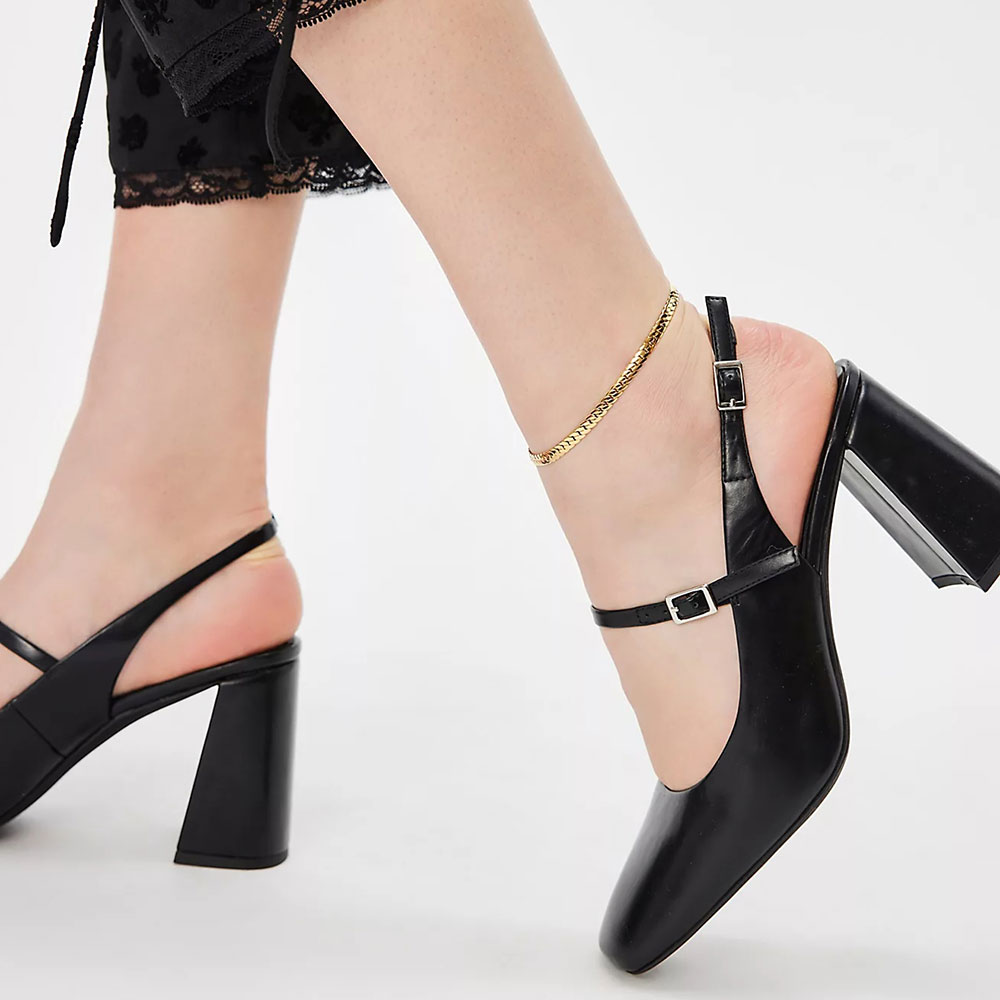 Women's Black Square Toe Chunky Heel Elegant Slingback Pumps Nicepairs