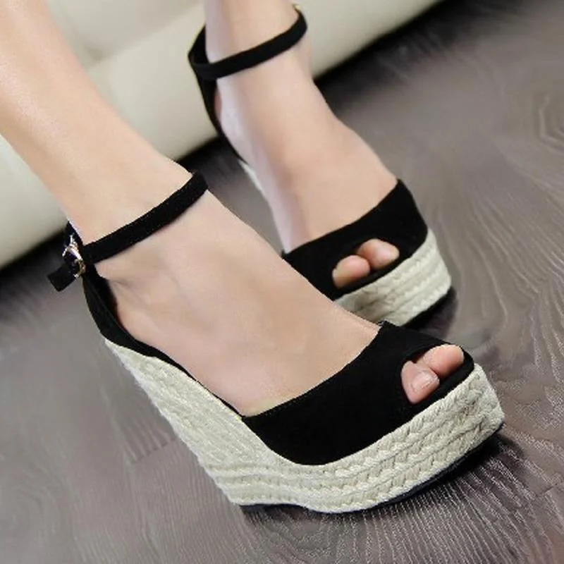 Wedges Shoes For Women Retro Open Toe Ankle Platform Beach White Sandals Plus Size Weave High Heels Buckle-Strap Roman Shoe