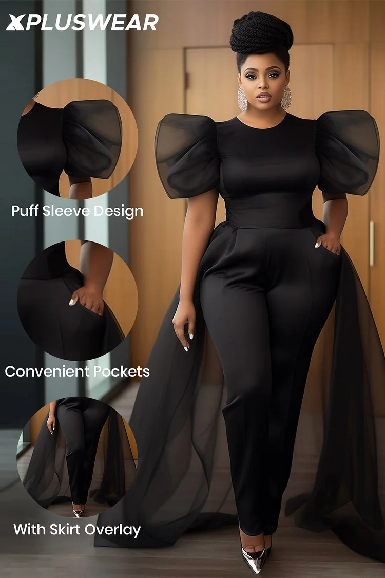 Xpluswear Design Plus Size Formal Black Round Neck Puff Sleeve Short Sleeve With Skirt Overlay Pocket Tulle Jumpsuits