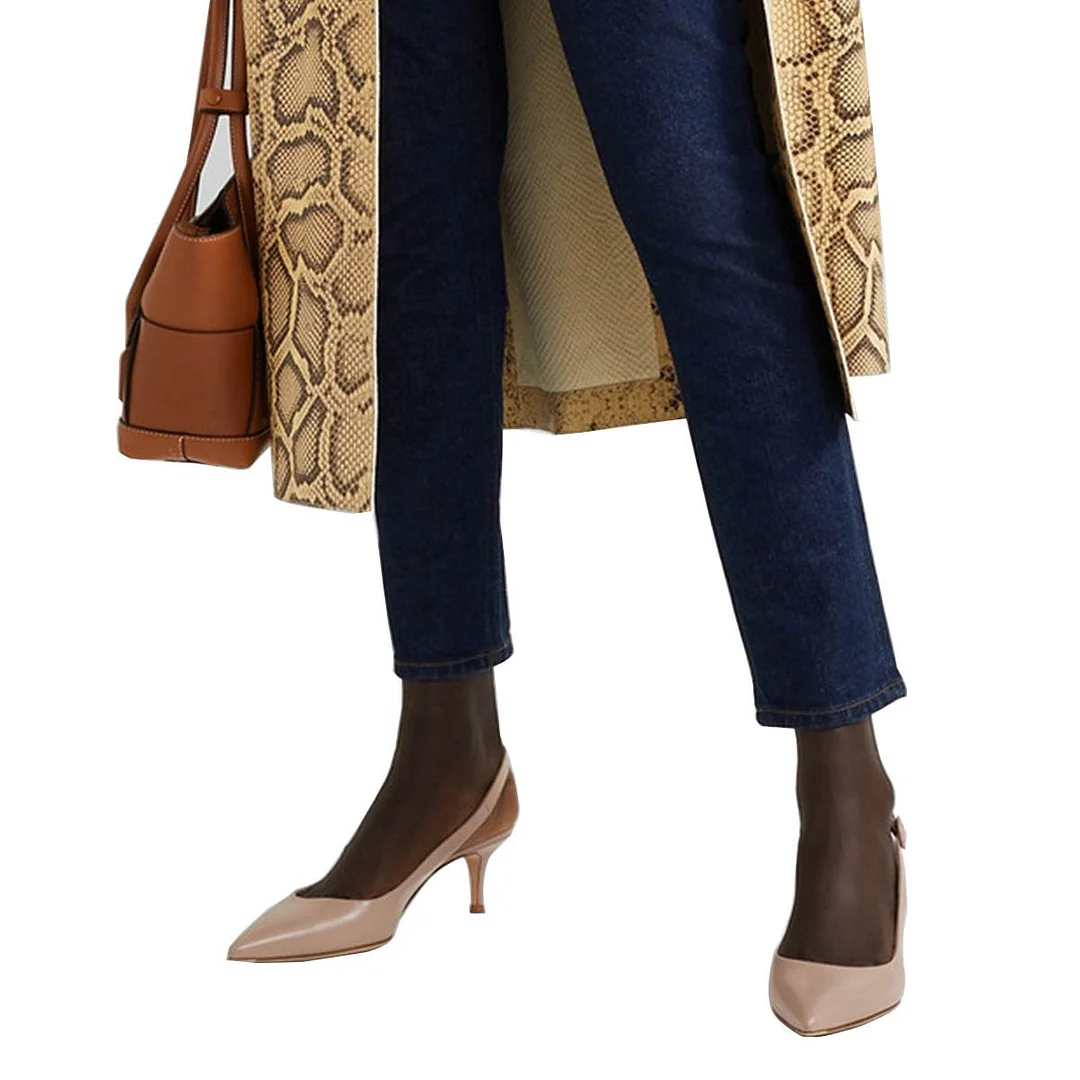 Faux Leather Pointed Toe Kitten Heel Buckle Slingback Pumps in Nude