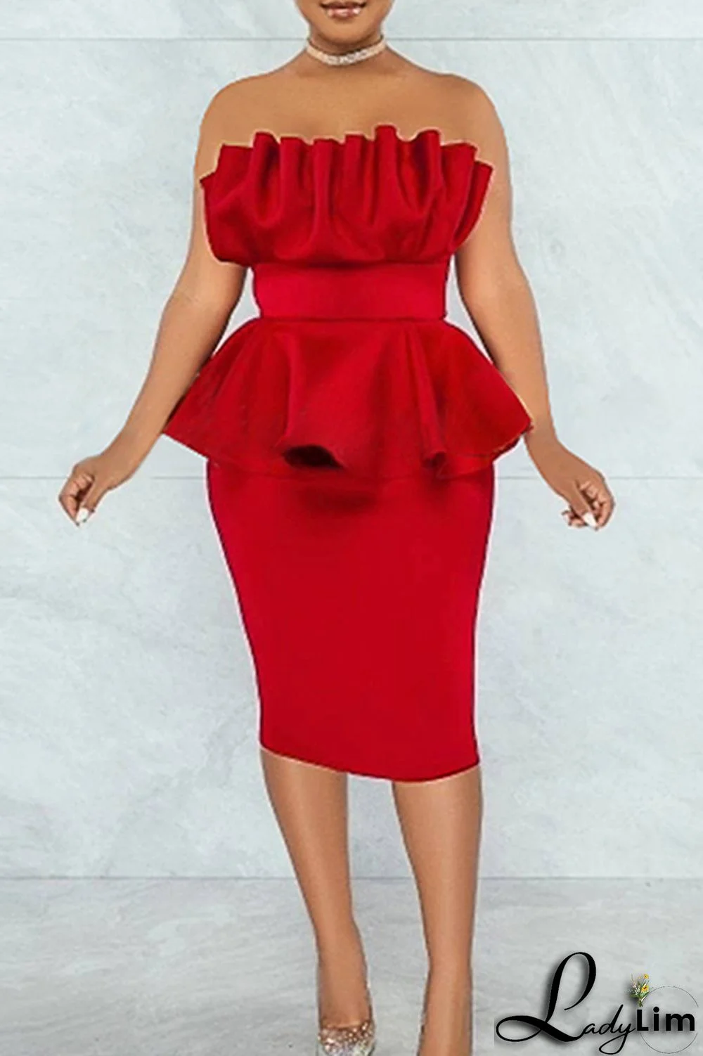 Red Fashion Sexy Solid Patchwork Backless Slit Strapless Evening Dress