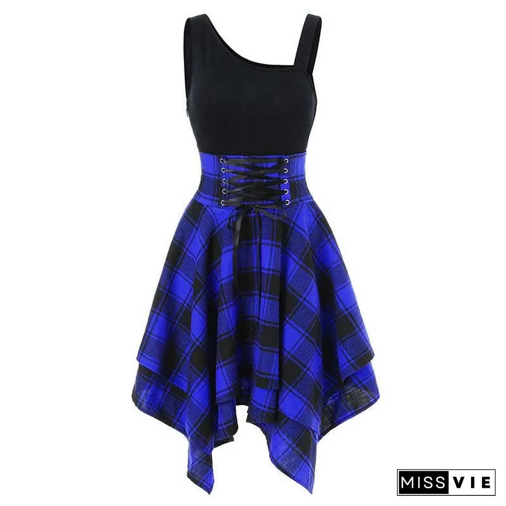 Contrast Plaid Elastic Waist Irregular Dress