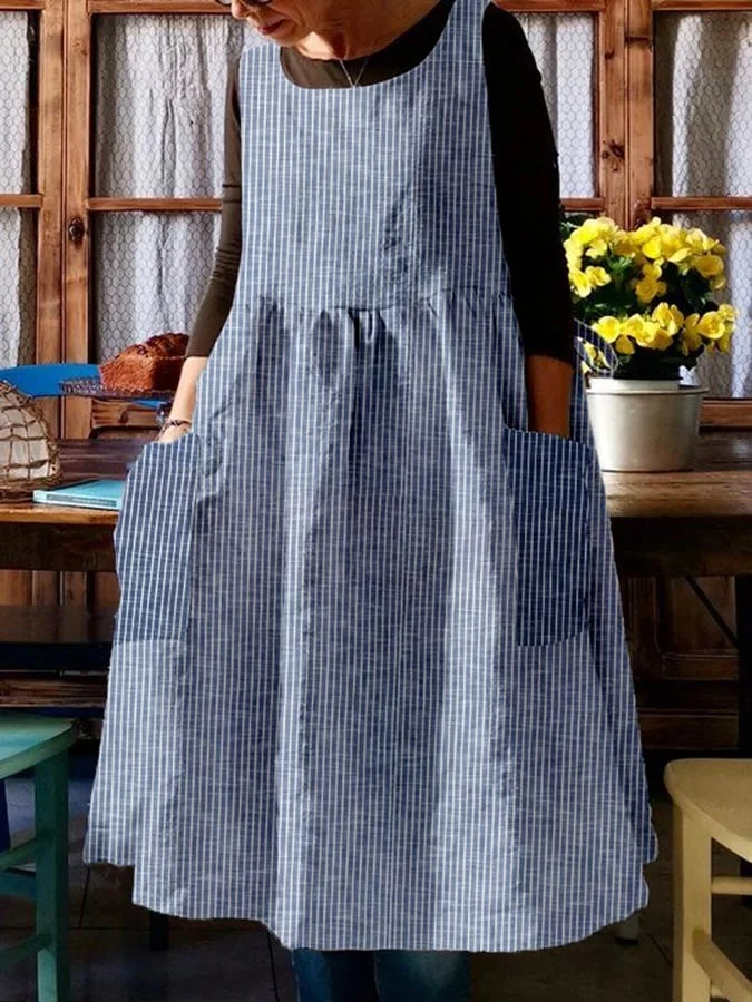 Women's Retro Striped Print V-Neck Pocket Dress