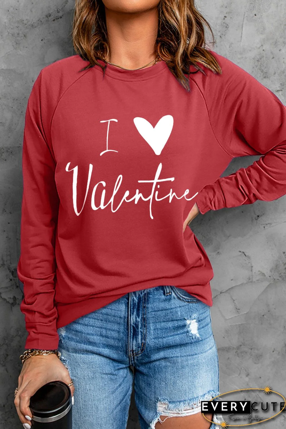 Red I Love Valentine Heart Flocking Pullover Sweatshirt