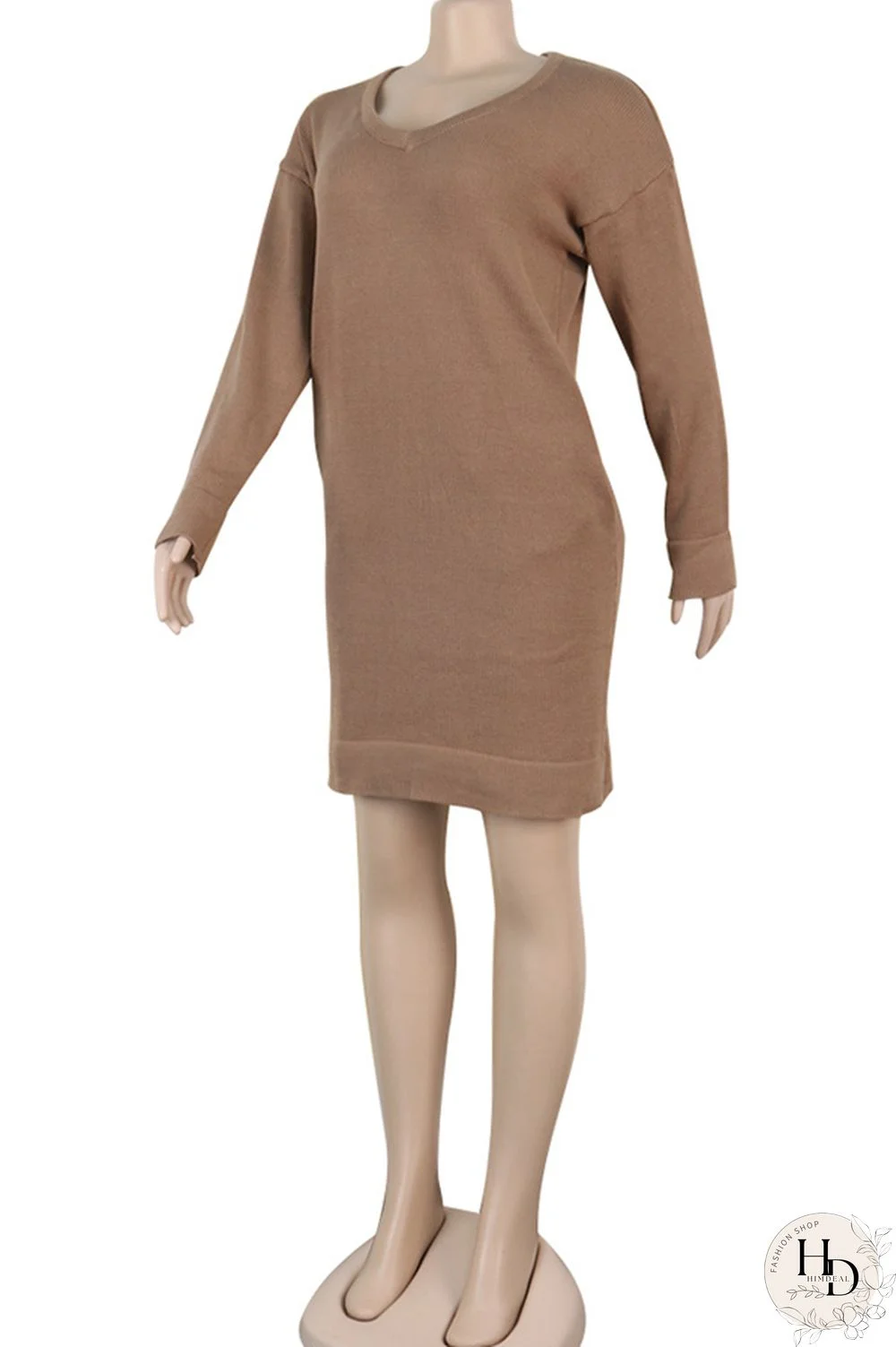 Olive green Acetyl fiber Sexy Cap Sleeve Long Sleeves V Neck Straight Knee-Length Solid