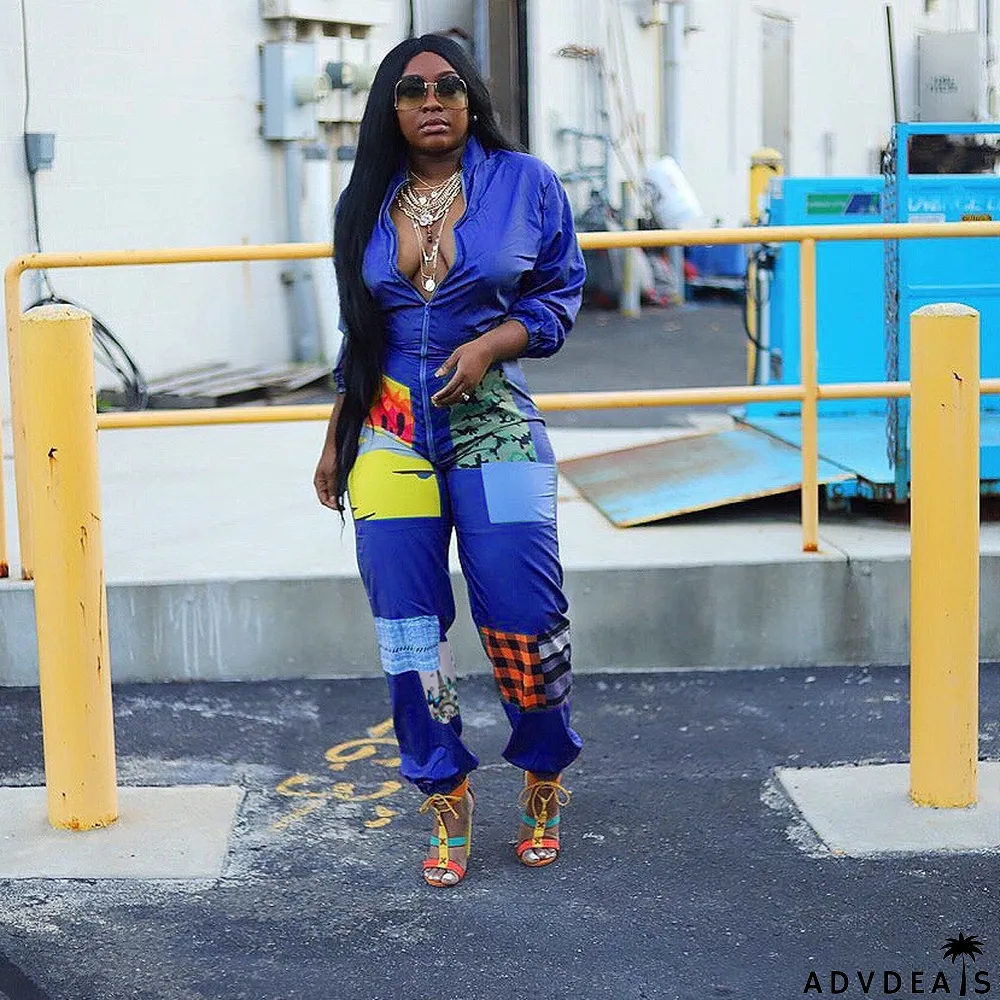 Fashion Casual Cute Positioning Print Zipper Jumpsuit