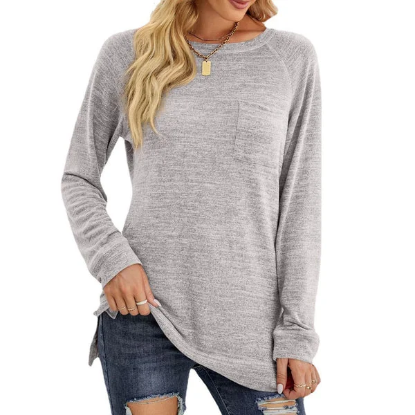 Women's Casual Loose Fit Crewneck Side Split Long Sleeves Blouse