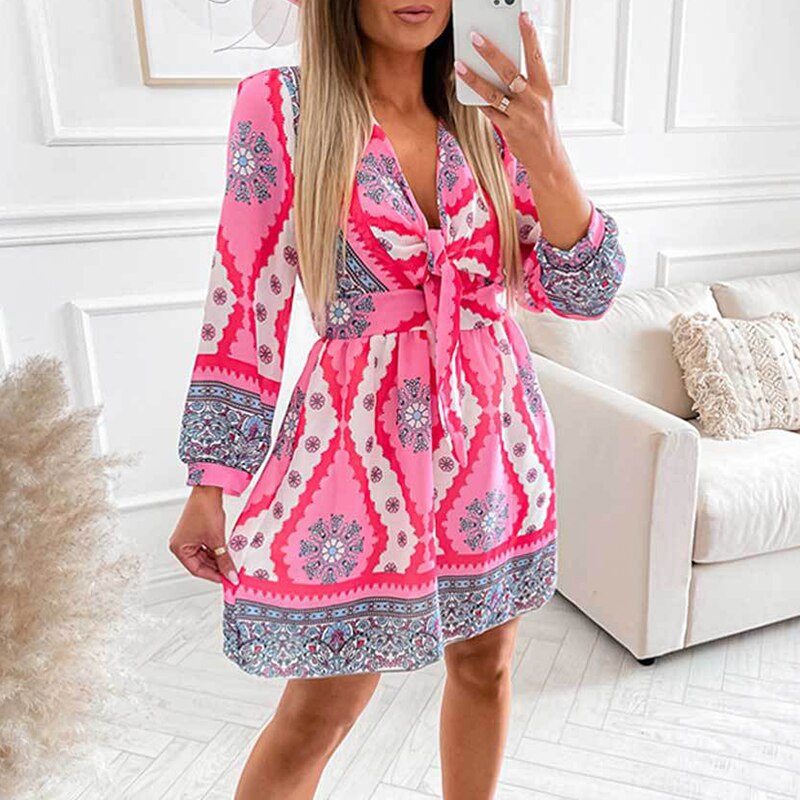Elegant Vintage Print Deep Neck Womens Casual Harajuku A-Line Mini Dress