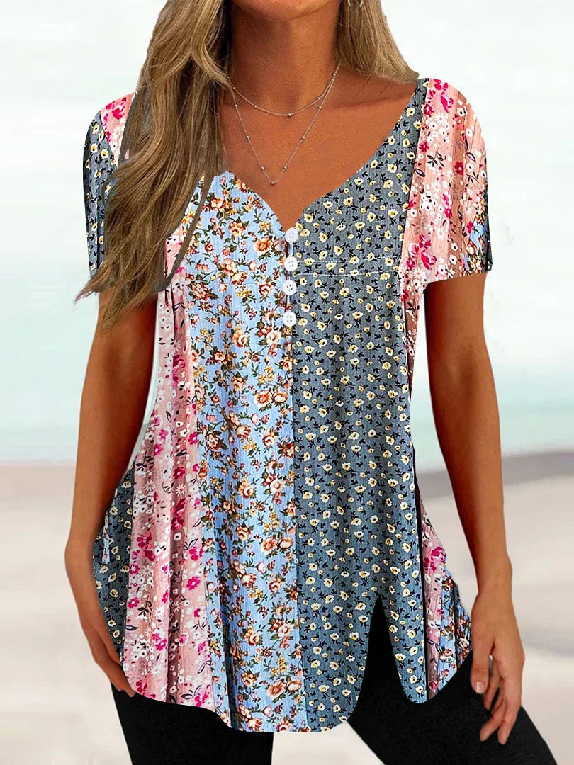 Women Short Sleeve V-neck Floral Printed Buttons Tops