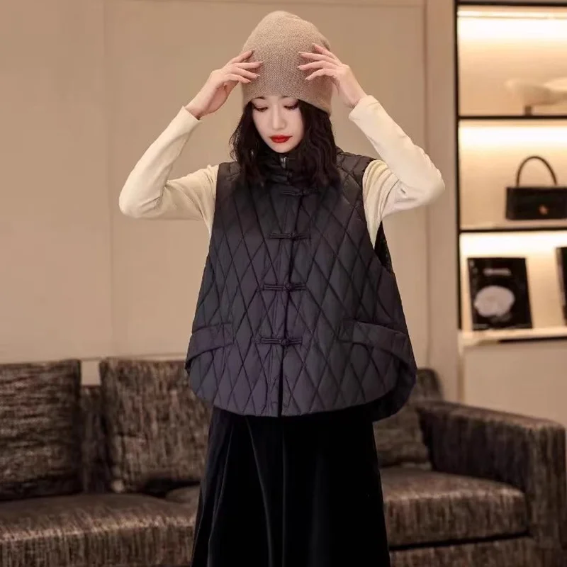 Woherb New Chinese Style Dish Buckle White Duck Down Down Vest Female Wear Winter New Fashion Diamond Large Size Vest Down Liner-Outfit Ideas