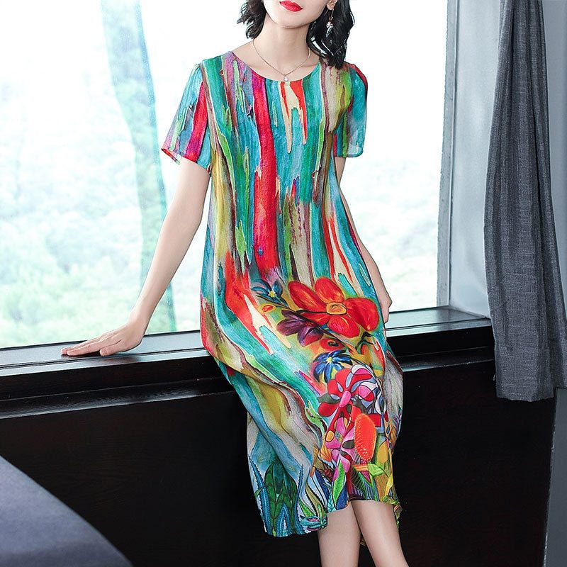Spring Fashion Printed Dress Women's Mulberry Silk Midi