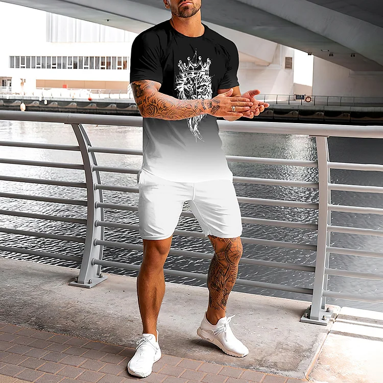 Black And White Gradient Print T-Shirt And Shorts Two-Piece Set
