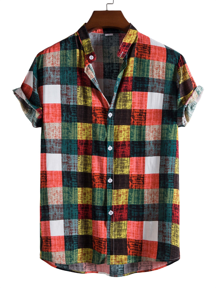 Men's Shirt Graphic Shirt Lattice Turndown Yellow Red Blue Purple Green Print Outdoor Street Short Sleeve Patchwork Button-Down Clothing Apparel Fashion Designer Casual Breathable