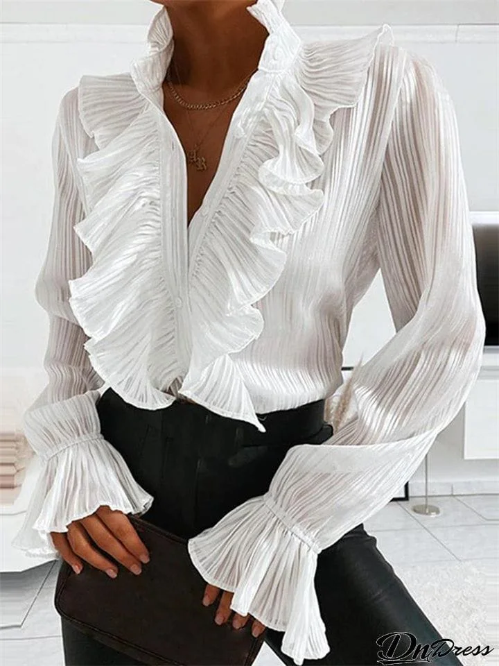 Solid Color Ruffle Collar Pleated Design Long Sleeve Chiffon Blouse