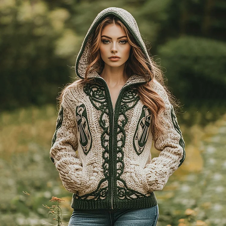 Women's Celtic Knot Harp Jacquard Hooded Zip Sweater