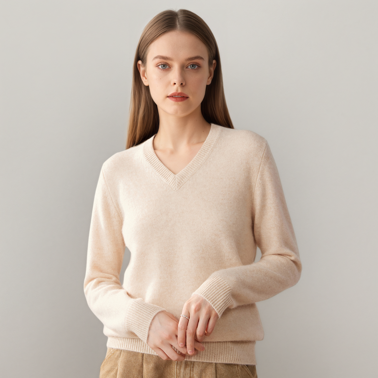 Women's V-Neck Cashmere Sweater | Versatile Layering Top REAL SILK LIFE