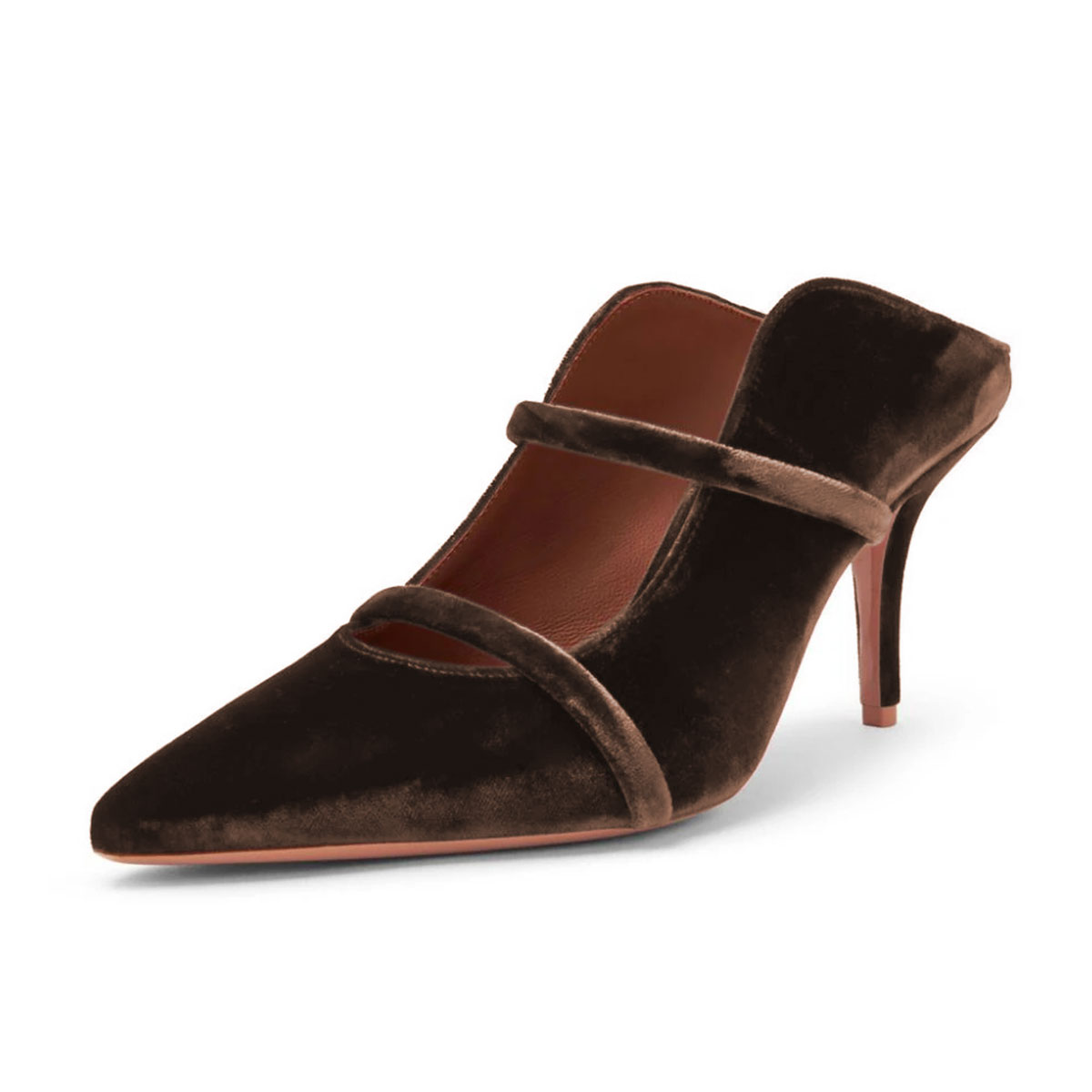 Brown Velvet Double Straps Pointed Toe Stiletto Heel Mules for Women Nicepairs