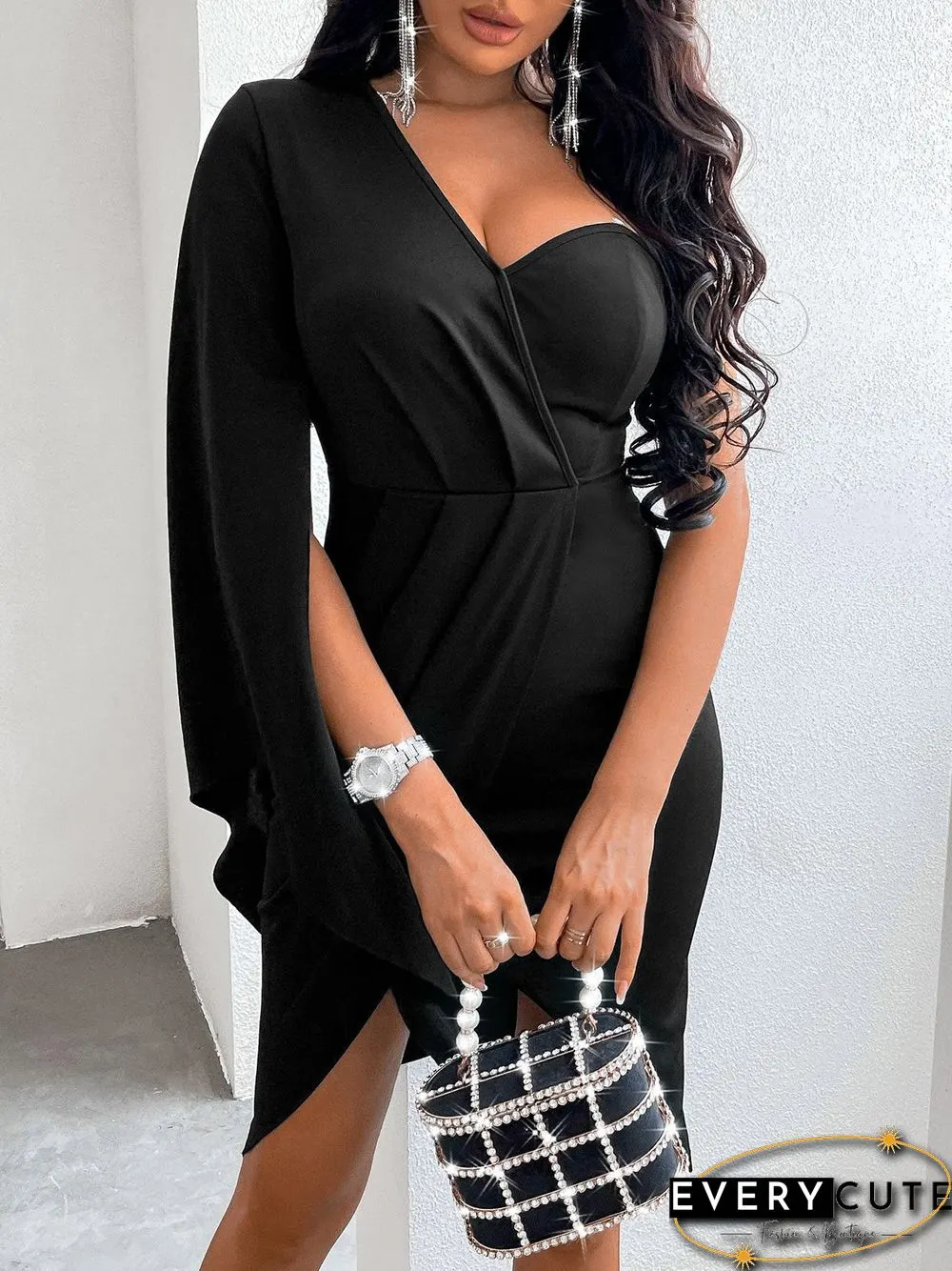 Women'S Dresses V-Neck One Shoulder Slit Irregular Dress