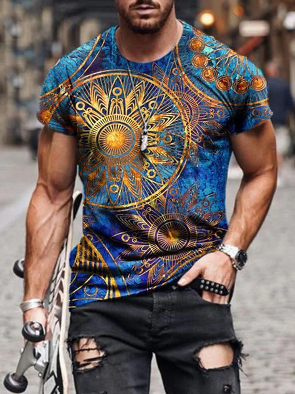 Men's 3d ethnic retro pattern casual round neck short sleeve T-shirt
