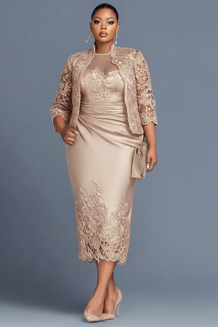 Xpluswear Design Plus Size Cocktail Party Lace Champagne Round Neck 3/4 Sleeve Contrast Bodycon Satin Two Piece Dress Sets 2024 - Xpluswear