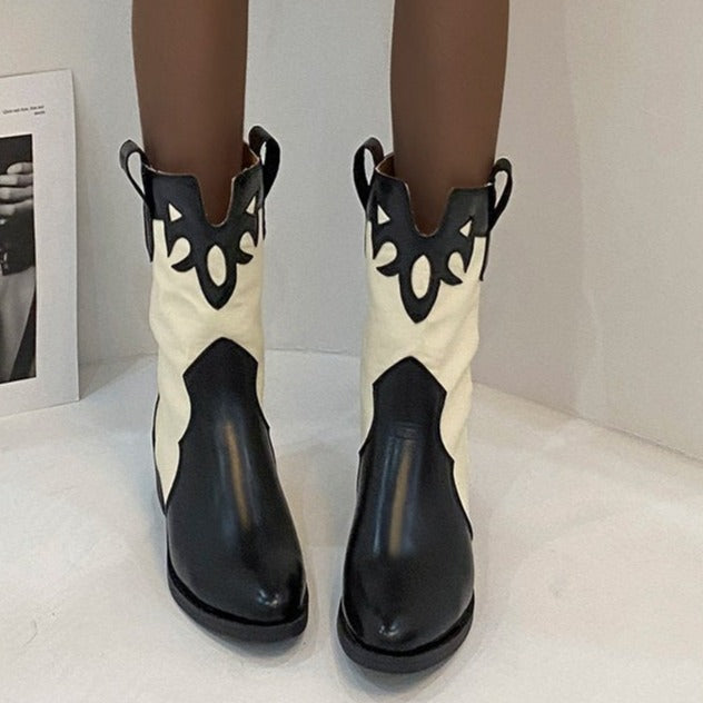 Women's vintage mid calf western boots slip-on block heels cowboy boots patchwork