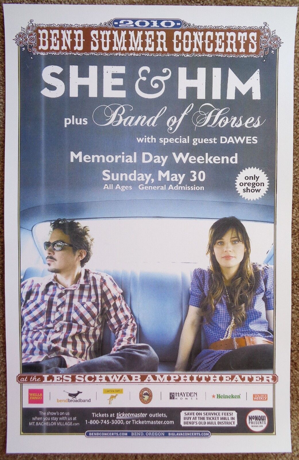 SHE & HIM Zooey Deschanel Gig POSTER May 2010 Bend Oregon M Ward Concert