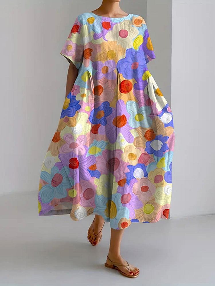 Comstylish Floral Art Oil Painting Design Midi Dress