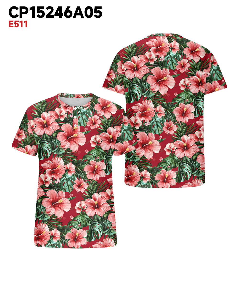 Men's Plus Size Hawaiian Red Floral Print Henry Collar Button Short Sleeve Tee