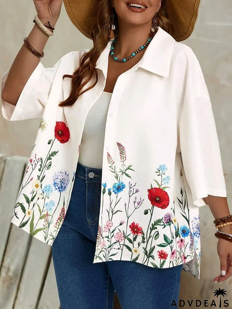 Plus Size Women's Loose Fit Casual Shirt, Spring/Summer, With Floral Print And Dropped Shoulder Sleeves