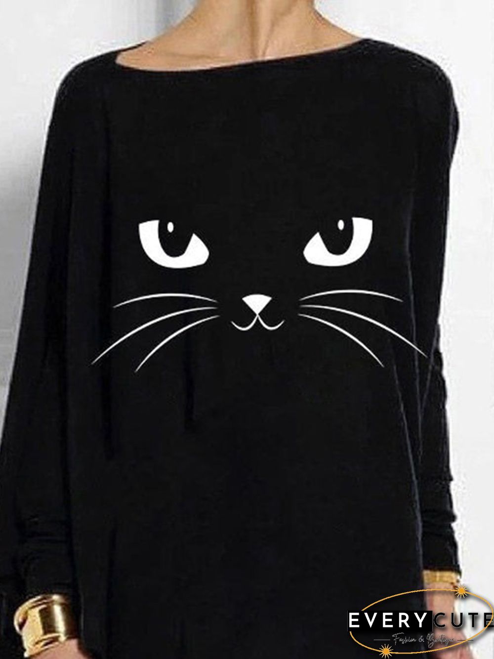 Black Casual Cat Printed Asymmetric Long Sleeve Shift Tops