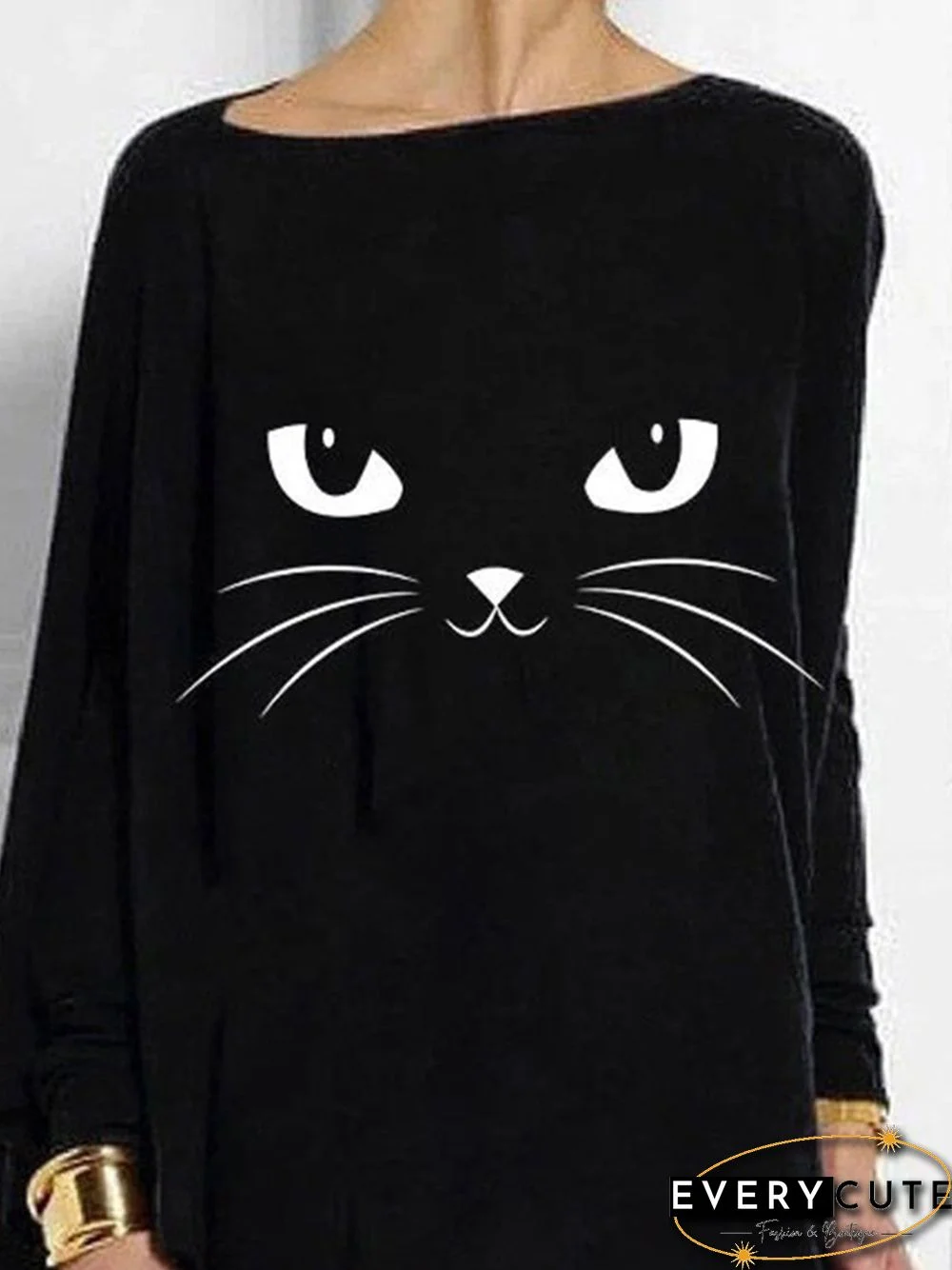 Black Casual Cat Printed Asymmetric Long Sleeve Shift Tops