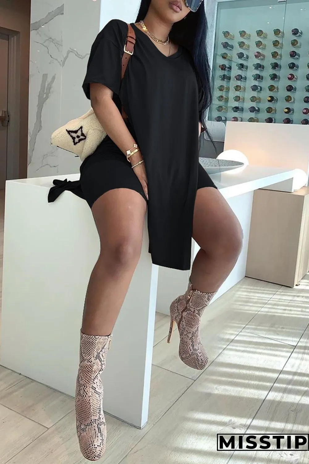 Khaki Fashion Casual Solid Slit V Neck Short Sleeve Two Pieces