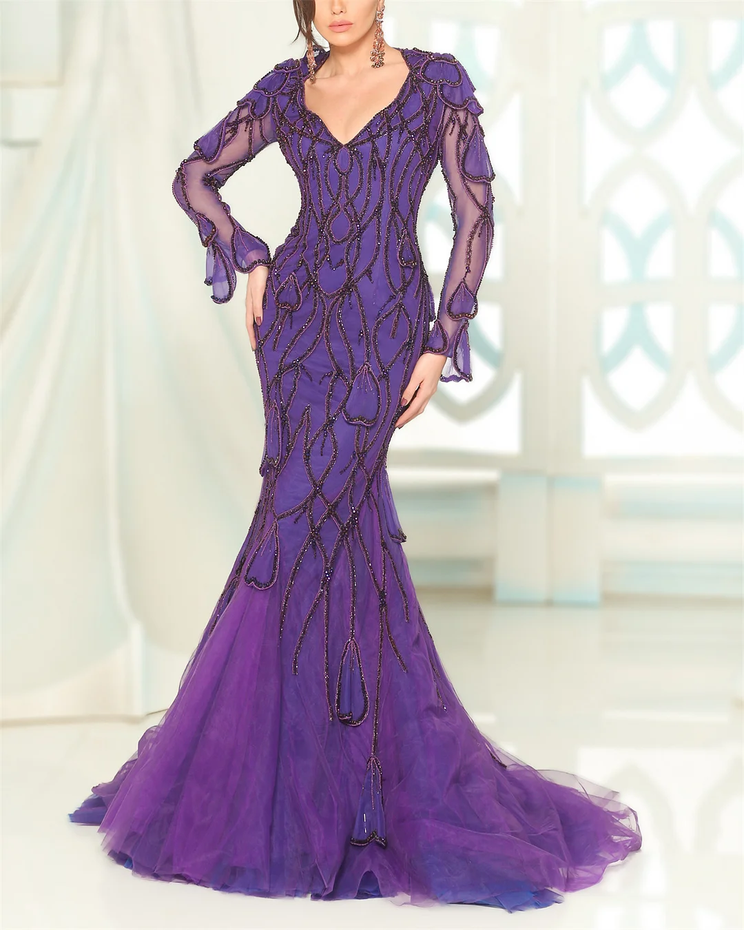Women's V-neck Long-sleeve Mesh Embroidery Dress