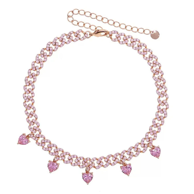 Pink White Heart Cubic Zirconia Cuban Chain Choker Necklace