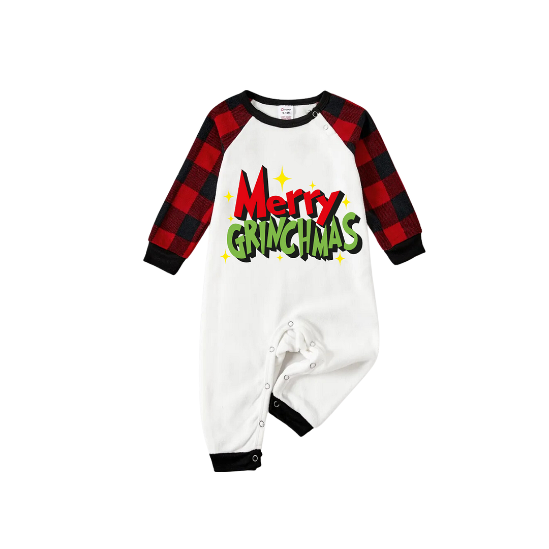"Merry Grinchmas" Letter Print White Long Sleeve Top with Red & Black Plaid Pants Family Matching Pajamas