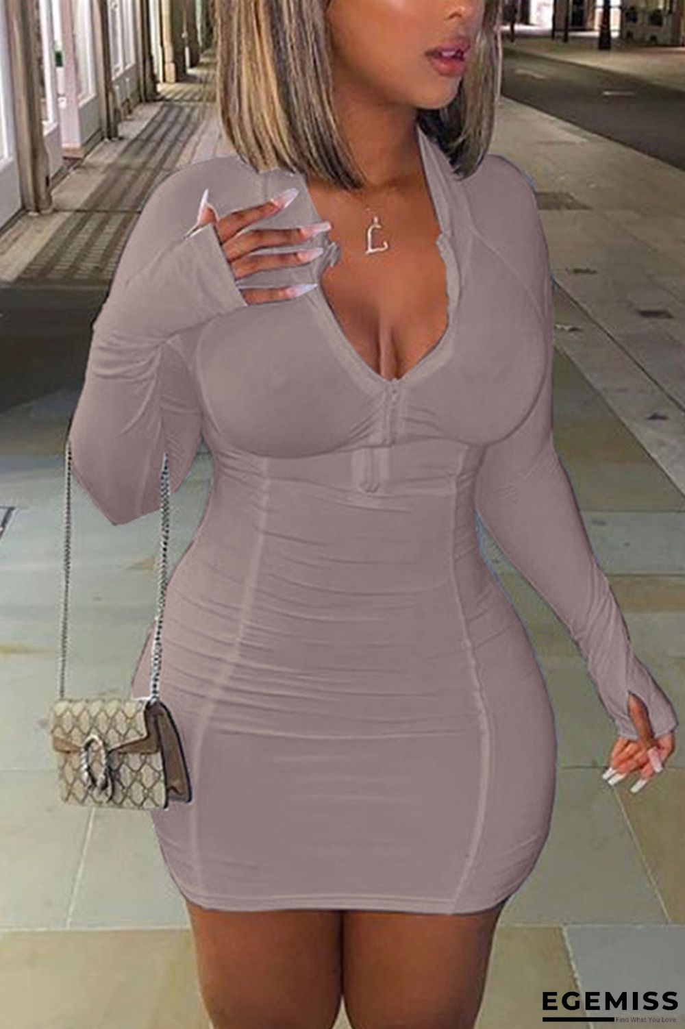 Grey Fashion adult Ma'am Sweet Cap Sleeve Long Sleeves O neck Step Skirt skirt Solid chain Dresses | EGEMISS