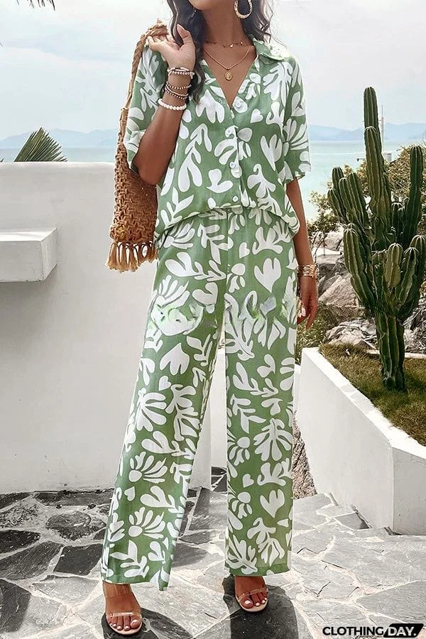 Fun Printed Button Pocket Long Sleeve Shirt and Elastic Waist Pants Set