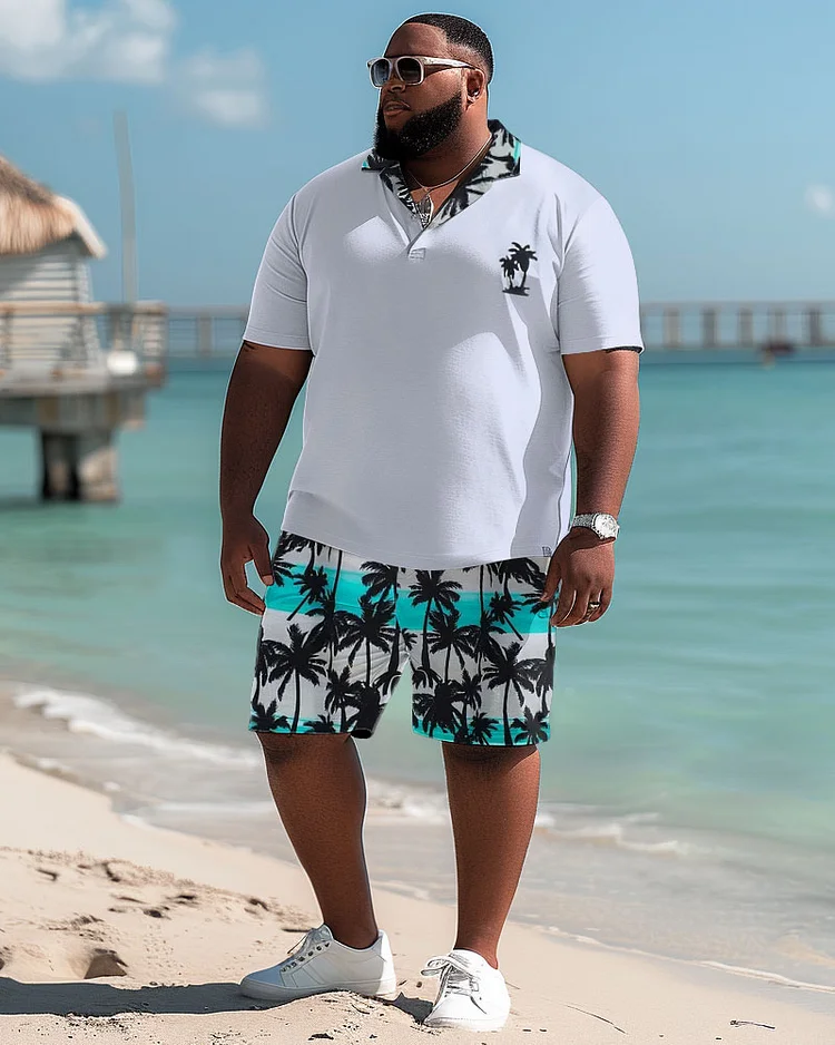 Hawaiian Striped Coconut Shirt And Shorts Two-Piece Men's Plus Size Set