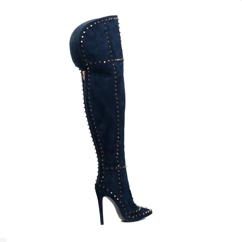 Women Thigh High Boots Over The Knee Stretchy Suede Leather Woman Shoes Long Boots Back Zipper Rivet Stiletto High Heels