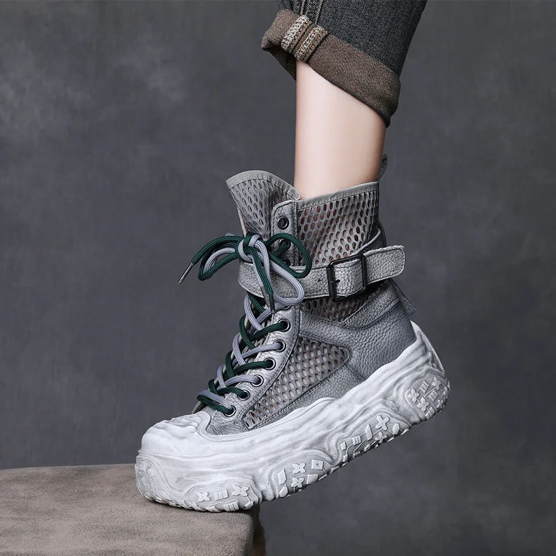 Yyvonne Layer Kraft Breathable Mesh Martin Boots 2025 Summer New Hollow Cool Boots Leisure Thick-Bottomed High-Top Sandals