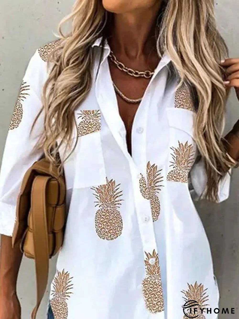 Casual Pineapple Shirt Collar Long Sleeve Blouse | IFYHOME