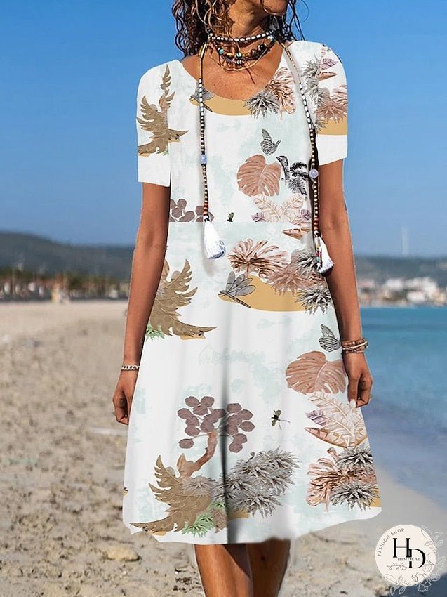 Casual Dress Floral Dress Summer Dress Graphic Floral Pocket Print Crew Neck Midi Dress Fashion Modern Daily Holiday Short Sleeve Loose Fit Aqua Blue White Light Green Summer Spring S M L XL for Women
