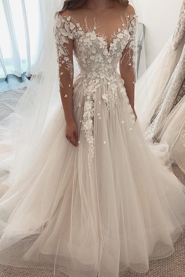 Luluslly Glamorous Sweetheart Long Sleeve Tulle Wedding Dress Lace Appliques