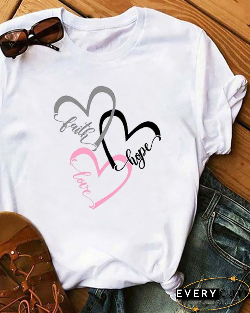 Heart Print Short Sleeve Casual T-Shirt