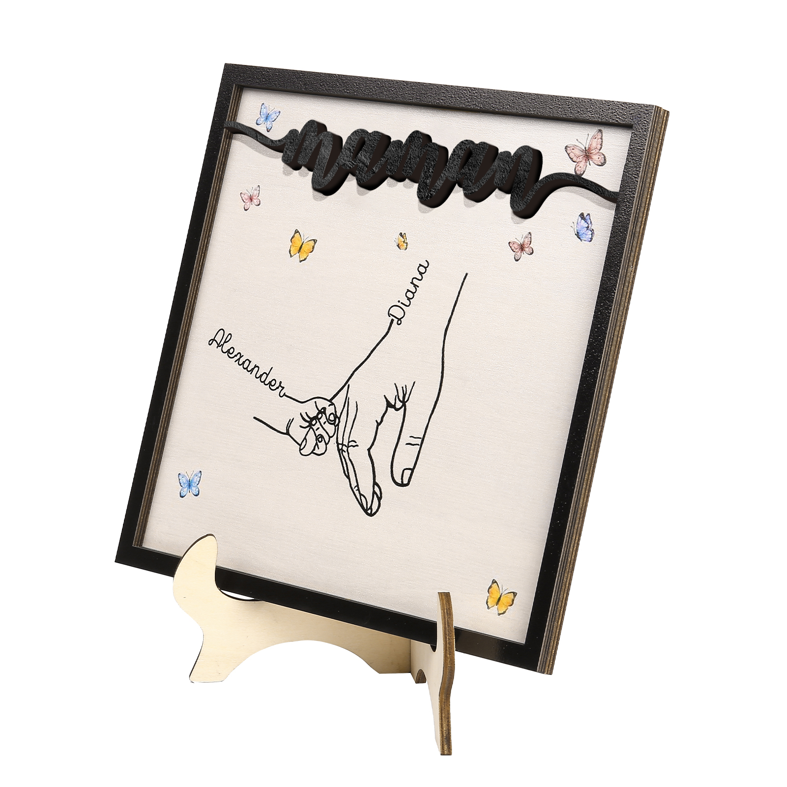 À ma Maman - Décoration en bois la Main dans la Main 2 Prénoms Personnalisés Ornement Famille