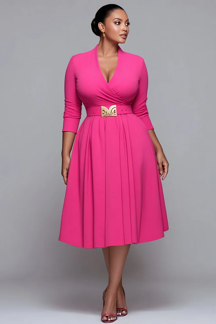 Xpluswear Design Plus Size Business Casual Pink V Neck 3/4 Sleeve Pocket Midi Dresses 2024 - Xpluswear