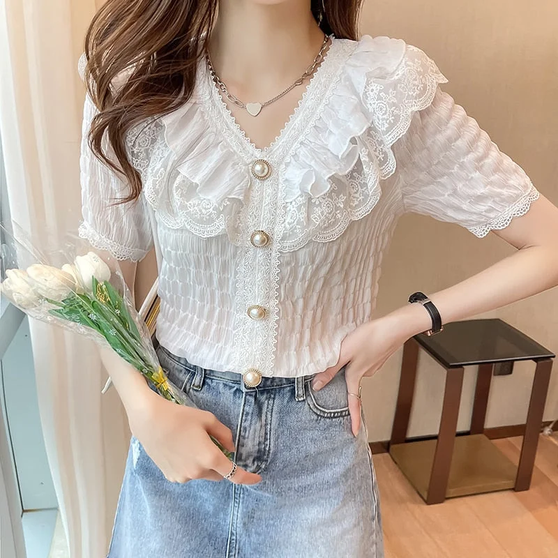 Korean Chic Ruffle Blouse Women Shirt White Chiffon Lace Blouse Sweet V-neck French Vintage Palace Style Short Sleeve Tops 15273