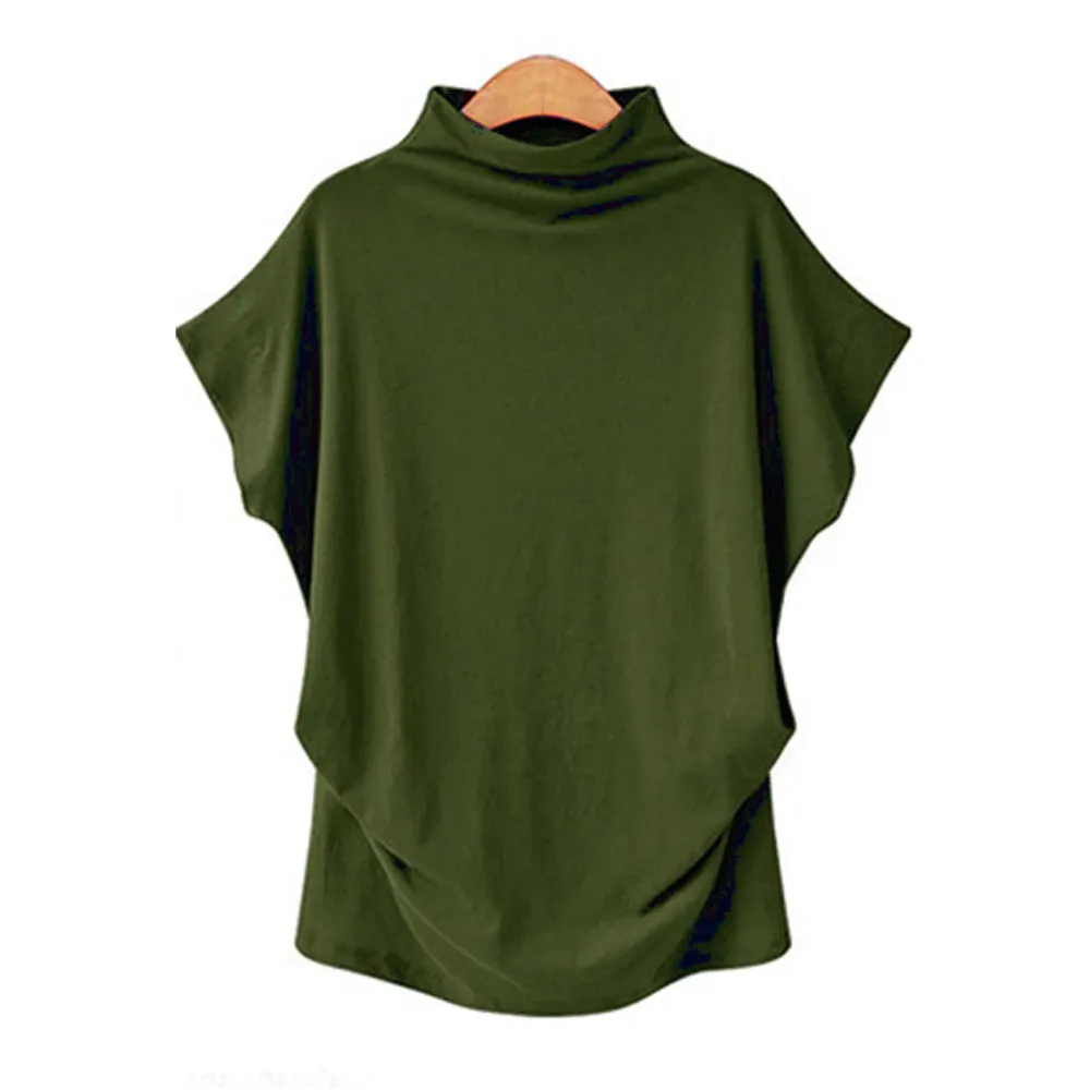Brownm Commute Large Size Women's Half Turtleneck Batwing Sleeve Solid Color Polyester Top